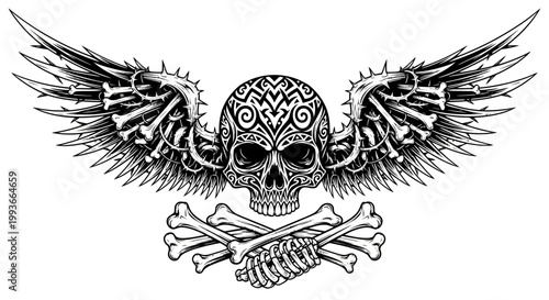 Winged Skull with Crossed Bones - Tattoo Art and Rock Music Symbol