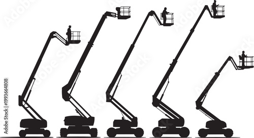 Five hydraulic aerial work platforms or boom lifts with workers in baskets at different heights outdoors.