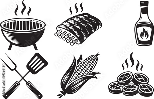 Barbecue grill ribs corn bottle sauce spatula fork and burgers set for outdoor cooking and grilling.