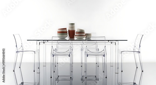 Modern Dining Room with Clear Table and Chairs, Minimalist Design.