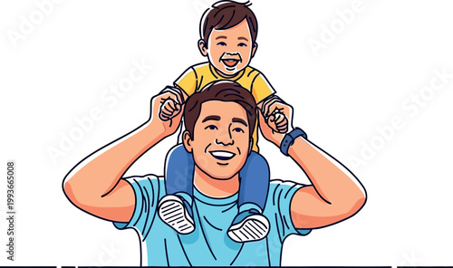 Happy father giving his cheerful son a piggyback ride, enjoying a playful moment together, illustrating the strong bond between parent and child.