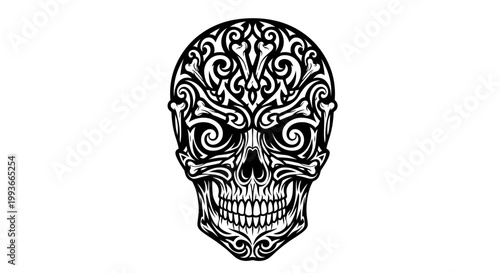 Ornate Skull Tattoo Design - Black and White Tribal Art