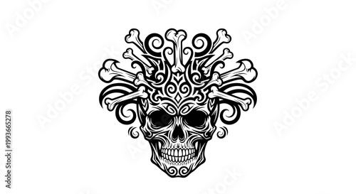 Ornate Skull with Swirling Bone Design - Black and White