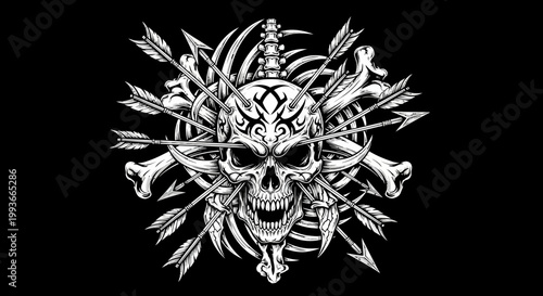 Macabre Skull and Crossbones with Arrows and Tribal Tattoos