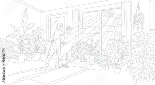 Woman cleaning a window in a sunlit room filled with many indoor plants and dappled light reflections.