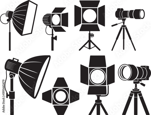 Photography lighting equipment including studio lights softboxes and cameras on tripods.