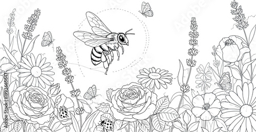 Detailed black and white line art illustration of a bee in flight surrounded by various garden flowers and butterflies, showcasing nature's beauty.
