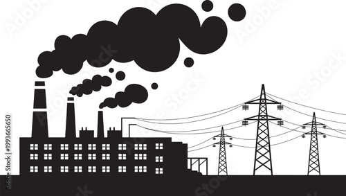 Industrial factory with smokestacks and power transmission towers with electrical wires.