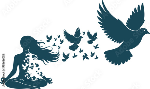 Woman in meditative pose releasing a flock of birds into the sky symbolizing freedom, peace, and spiritual awakening.