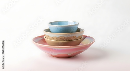 Stacked Ceramic Bowls in Pastel Colors on a White Background.