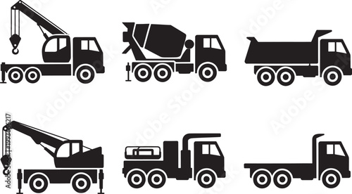 Construction vehicle silhouettes set including crane truck concrete mixer and heavy dump machinery.