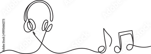 One line drawing of headphones and music notes continuous minimalist style for audio entertainment.