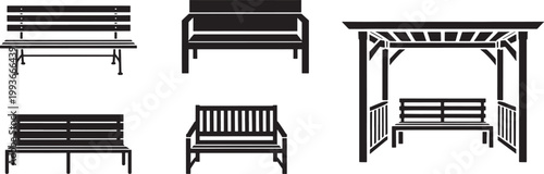 Various park benches and covered pergola structures for outdoor seating and relaxation in gardens.