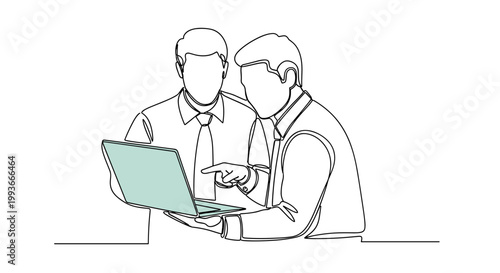 A minimalist line art illustration of two businessmen working on a laptop