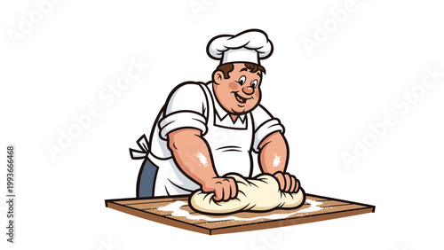 A cartoon chef kneading dough on a floured surface with a smile