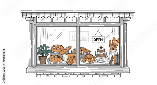 A minimalist vector illustration of a bakery storefront window display