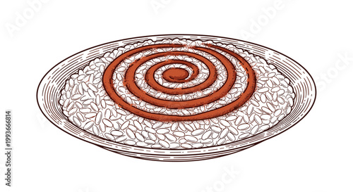 A vibrant red and white spiral design on a decorative plate