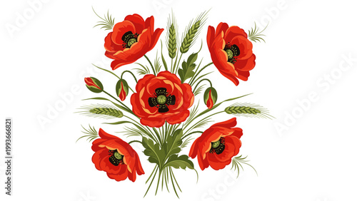 A vibrant floral illustration of red poppies on a white background