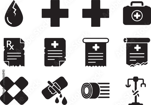 Medical icon set with 12 black vector symbols, healthcare first aid kit and prescription icons, hospital emergency and bandage equipment elements