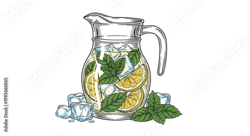 A refreshing pitcher of lemonade with mint leaves and ice cubes