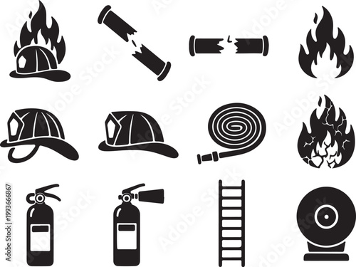 Firefighter equipment icon set, black silhouette firefighting symbols, 12 vector elements including fire extinguisher and helmet for safety design