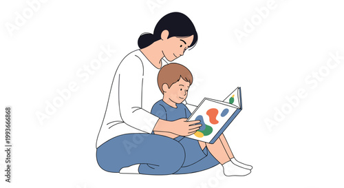 A mother and child sitting together reading a colorful children's book