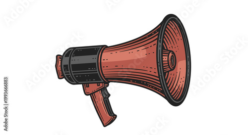 A vibrant red megaphone illustration with a black handle and details