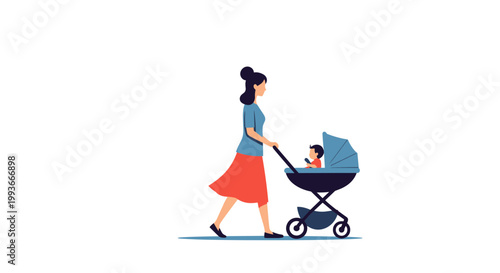 A woman pushing a baby stroller in a modern flat illustration style