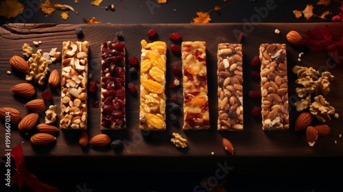 Assorted Healthy Granola Bars with Nuts Dried Fruits and Berries on Rustic Wooden Board Background