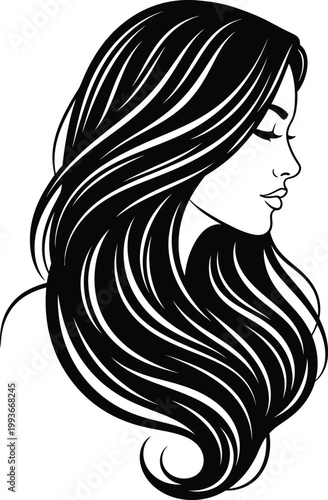 Beautiful young woman with long wavy dark hair in profile view vector illustration isolated on white background for fashion and beauty salon concepts.