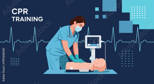 CPR Training: Nurse practicing chest compressions on a dummy with medical equipment