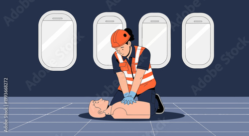 CPR Training on Airplane: Rescuer Performs Chest Compressions on Dummy