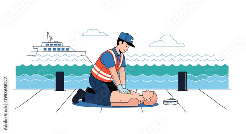 CPR training on a pier with a boat in the background