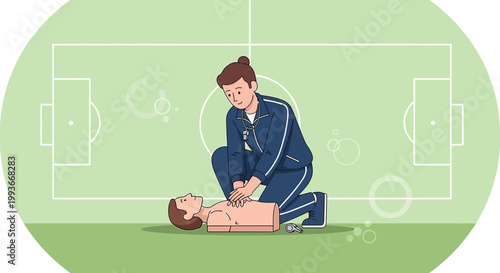 CPR Training on Football Field: Rescuer Performs Chest Compressions on Manikin