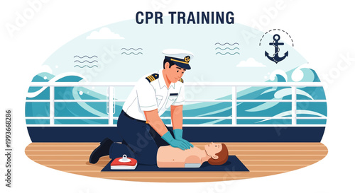 CPR Training on Ship Deck: Sailor Performs Resuscitation on Deck with Ocean Background