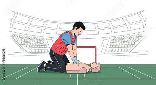 CPR Training on Sports Field: Rescuer Performs Chest Compressions on Mannequin