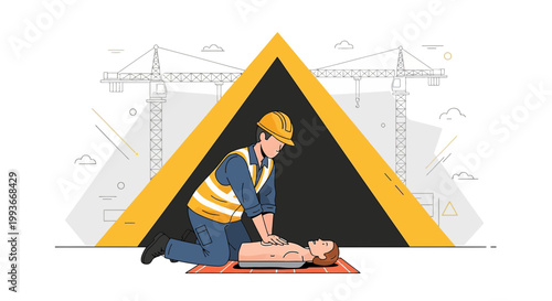 Construction worker performs CPR on dummy at safety training site with cranes in background