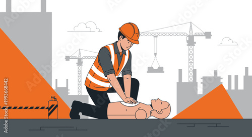 Construction worker performs CPR on dummy, emergency response training on site