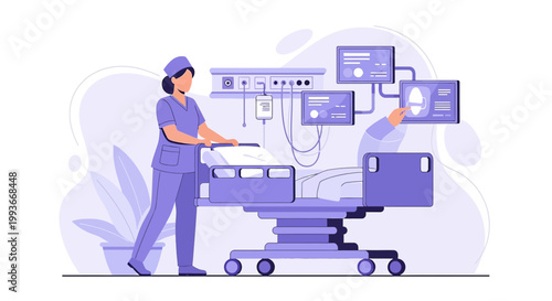 Nurse with Patient in Hospital Bed, Medical Equipment and Monitors