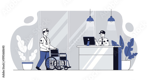 Nurse with Wheelchair at Hospital Reception, Security Guard at Desk