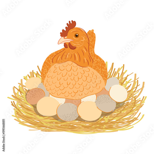 Hen sitting on nest with eggs, poultry farming and egg production concept. Organic farm chicken, natural food vector illustration