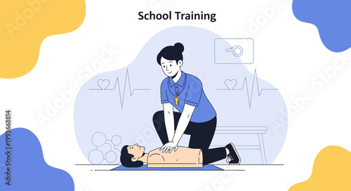 CPR Training for School: Instructor Demonstrates Chest Compressions on Manikin