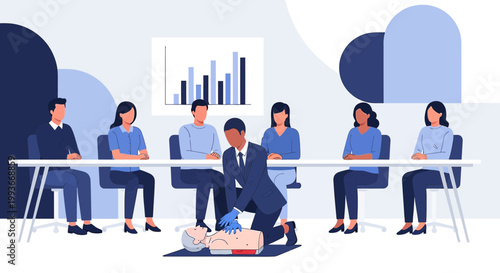 CPR Training in Business Meeting: Instructor Demonstrates Life Saving Skills to Colleagues