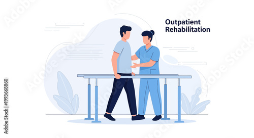 Outpatient rehabilitation: patient walking with therapist support using parallel bars