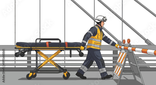 Paramedic adjusts barrier near stretcher, preparing for emergency response at construction site
