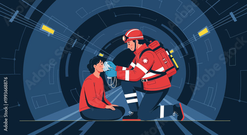 Paramedic Administering Oxygen to Patient in Futuristic Tunnel
