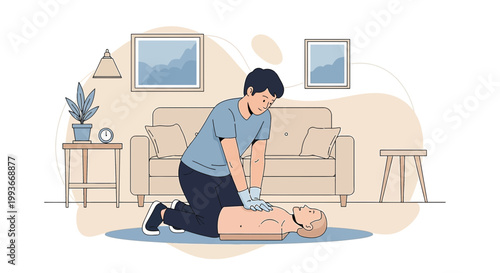 CPR training in living room, person practicing chest compressions on dummy