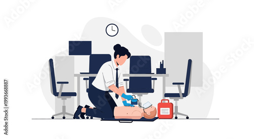 CPR training in office: woman performs chest compressions on dummy, emergency preparedness
