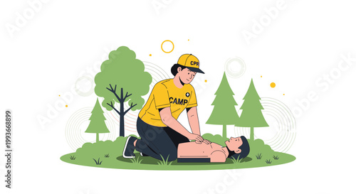 CPR training in nature: person practicing chest compressions on dummy outdoors