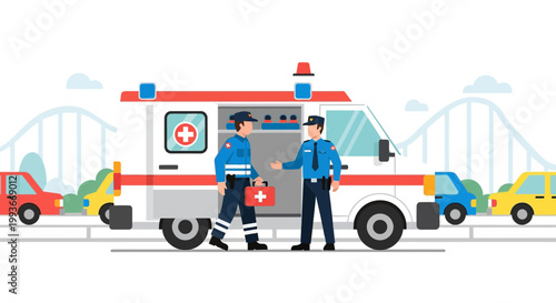 Paramedic and Police Officer Discussing Emergency at Roadside Ambulance Scene